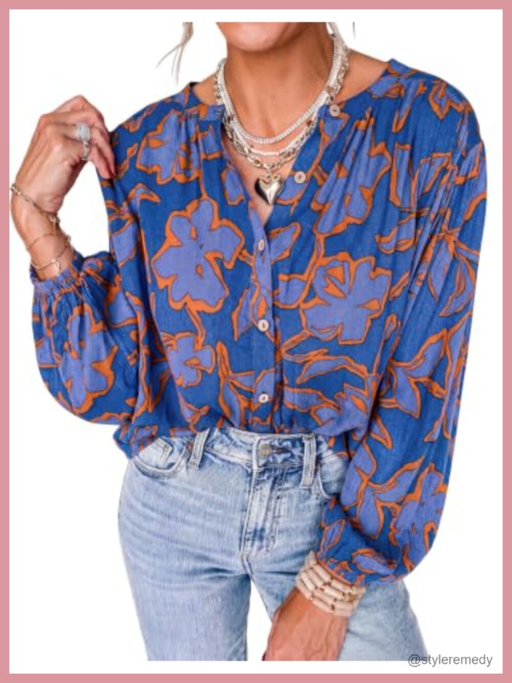 Womens Boho Floral Long Sleeve Button Down Blouse Balloon Sleeve Relaxed Fit